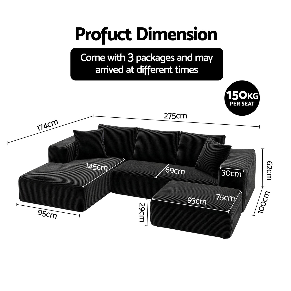 Artiss Modular Sofa Bed with Ottoman Sectional Boneless Couches for Living Room Corduroy Compressed Sofa Black