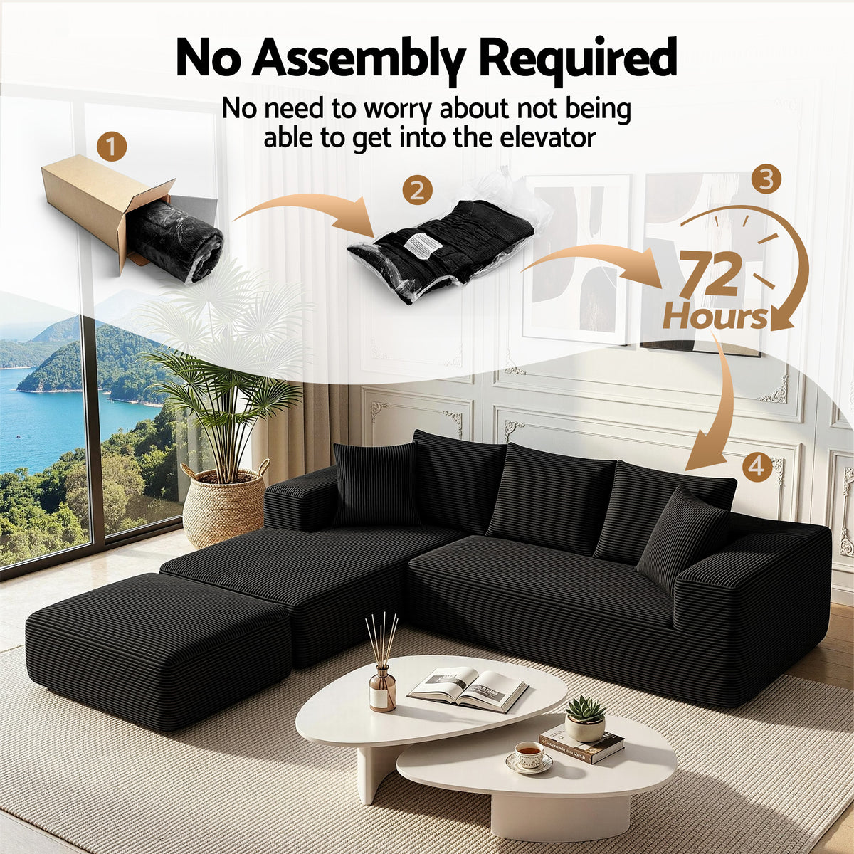 Artiss Modular Sofa Bed with Ottoman Sectional Boneless Couches for Living Room Corduroy Compressed Sofa Black