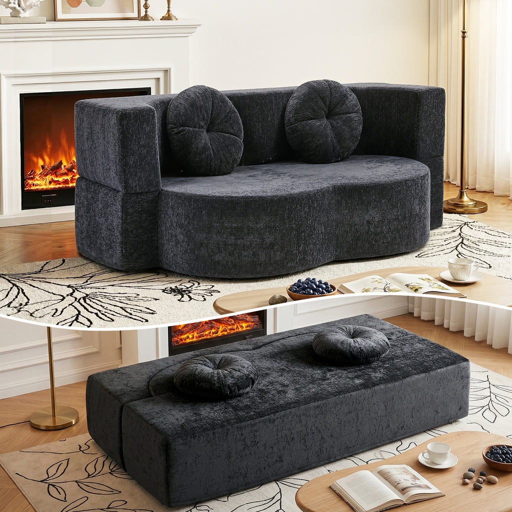 Artiss 2 in 1 Convertible Compressed Sofa Bed, Folding Boneless Sofabed for Living Room ,Comfort Curved Sleeper Couch with High Density Sponge, Apartment Essentials, No Assembly, 2 Pillows, Grey