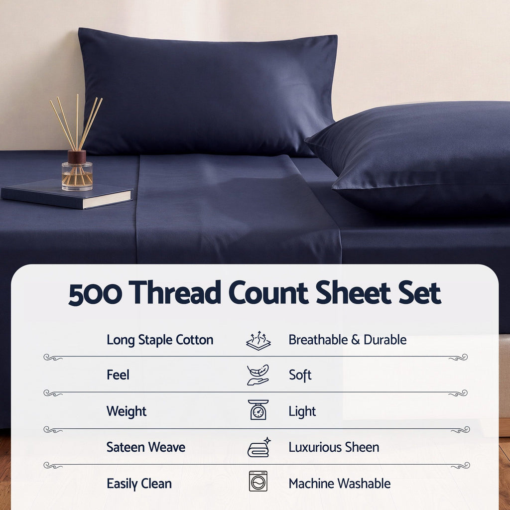 Giselle Kingsingle 500TC Cotton 4Pcs Sheet Set with 40cm Extra Deep Pocket for Thick Mattresses Sateen Weave for Sweaty Nights Navy Blue