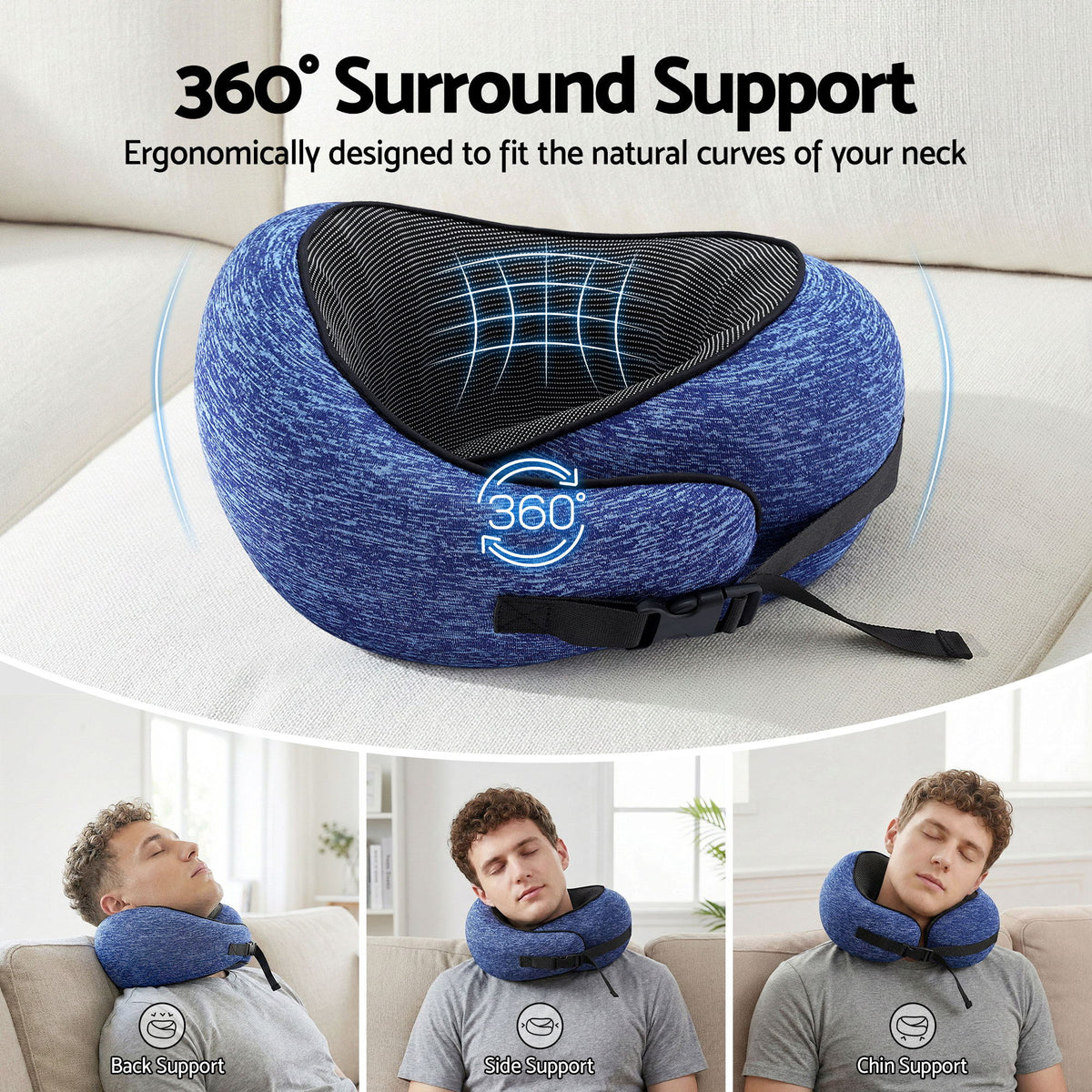Wanderlite Travel Pillows for Airplanes Ergonomic Memory Foam Neck Pillow, Breathable & Washable Cover, Travel Bag Included, Airplane Pillow for Airplane, Car, Office and Home, Blue