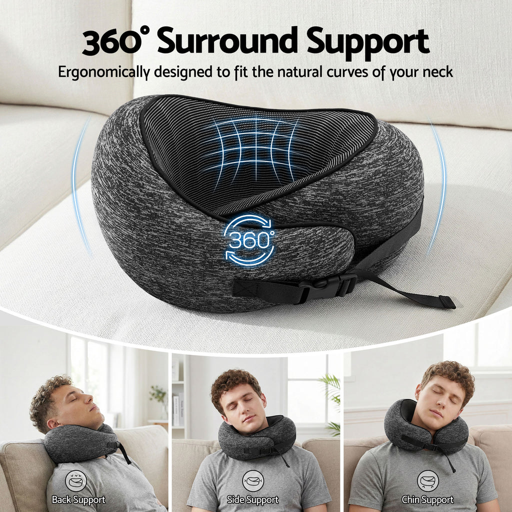 Wanderlite Travel Pillows for Airplanes Ergonomic Memory Foam Neck Pillow, Breathable & Washable Cover, Travel Bag Included, Airplane Pillow for Airplane, Car, Office and Home, Dark Grey