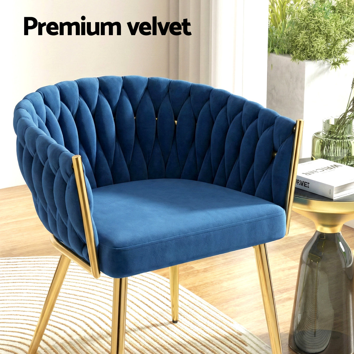 1 Set of 4 Artiss Dining Chairs Velvet Weaving Armchair Blue