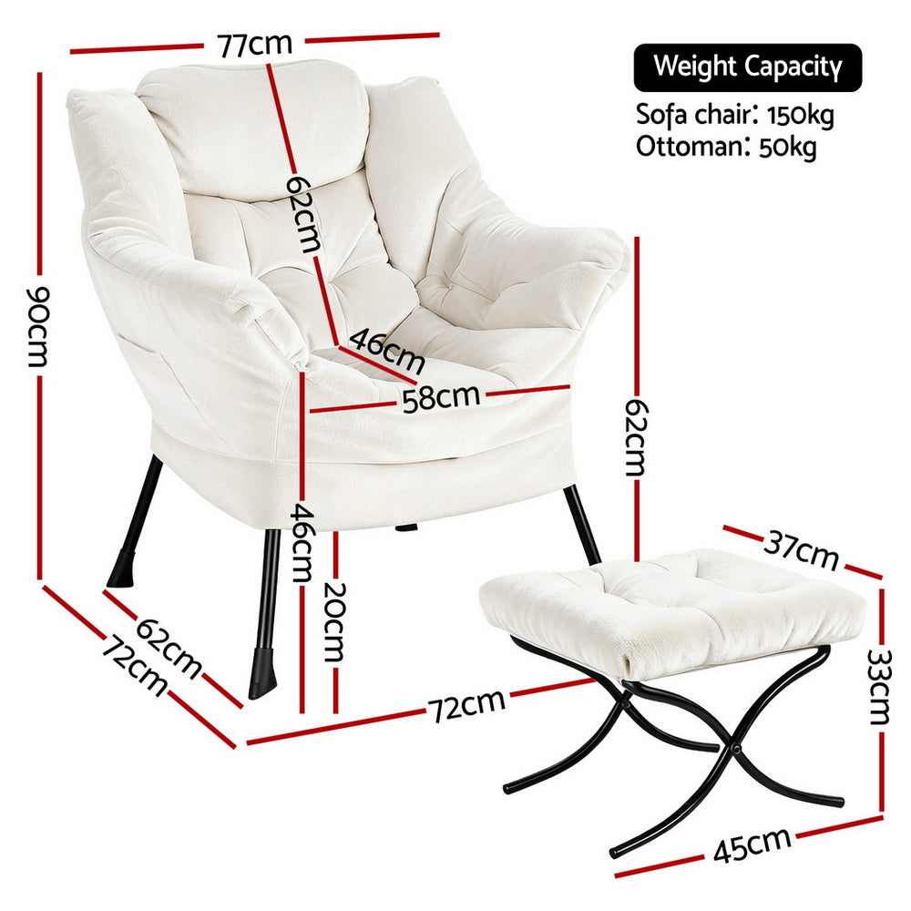 Artiss Armchair Accent Chair Ottoman Lounge Footrest Velvet White