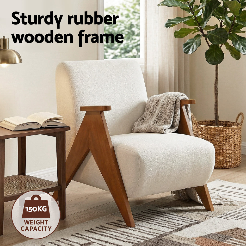 Artiss Armchair Accent Chair Sturdy Upholstered Solid Wood Chenille Fabric White