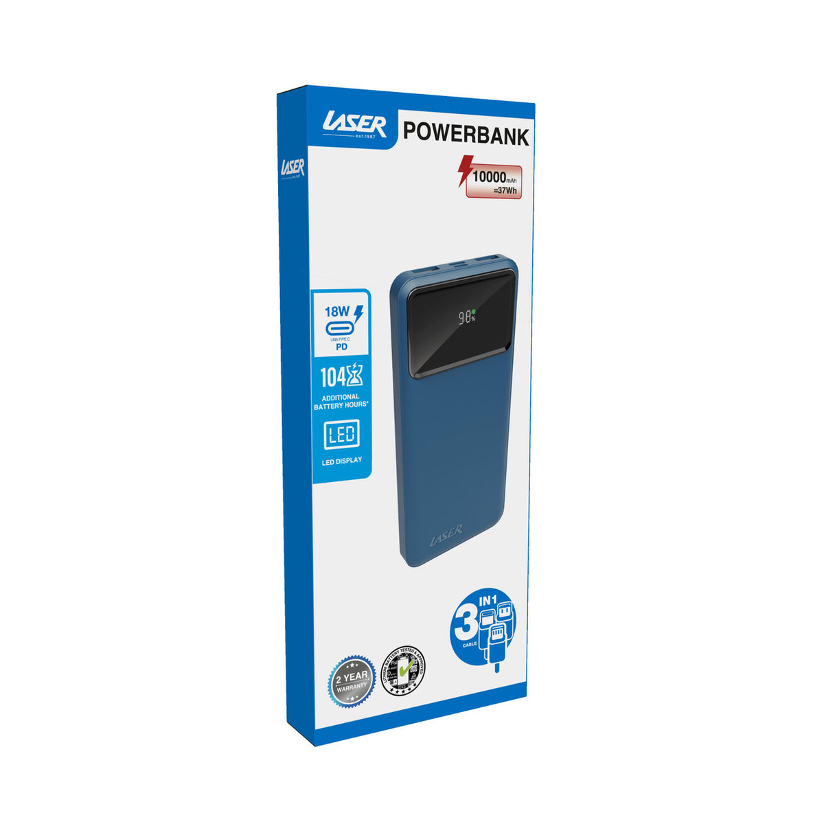 Laser 10000mAh Powerbank 18W PD with LED Navy