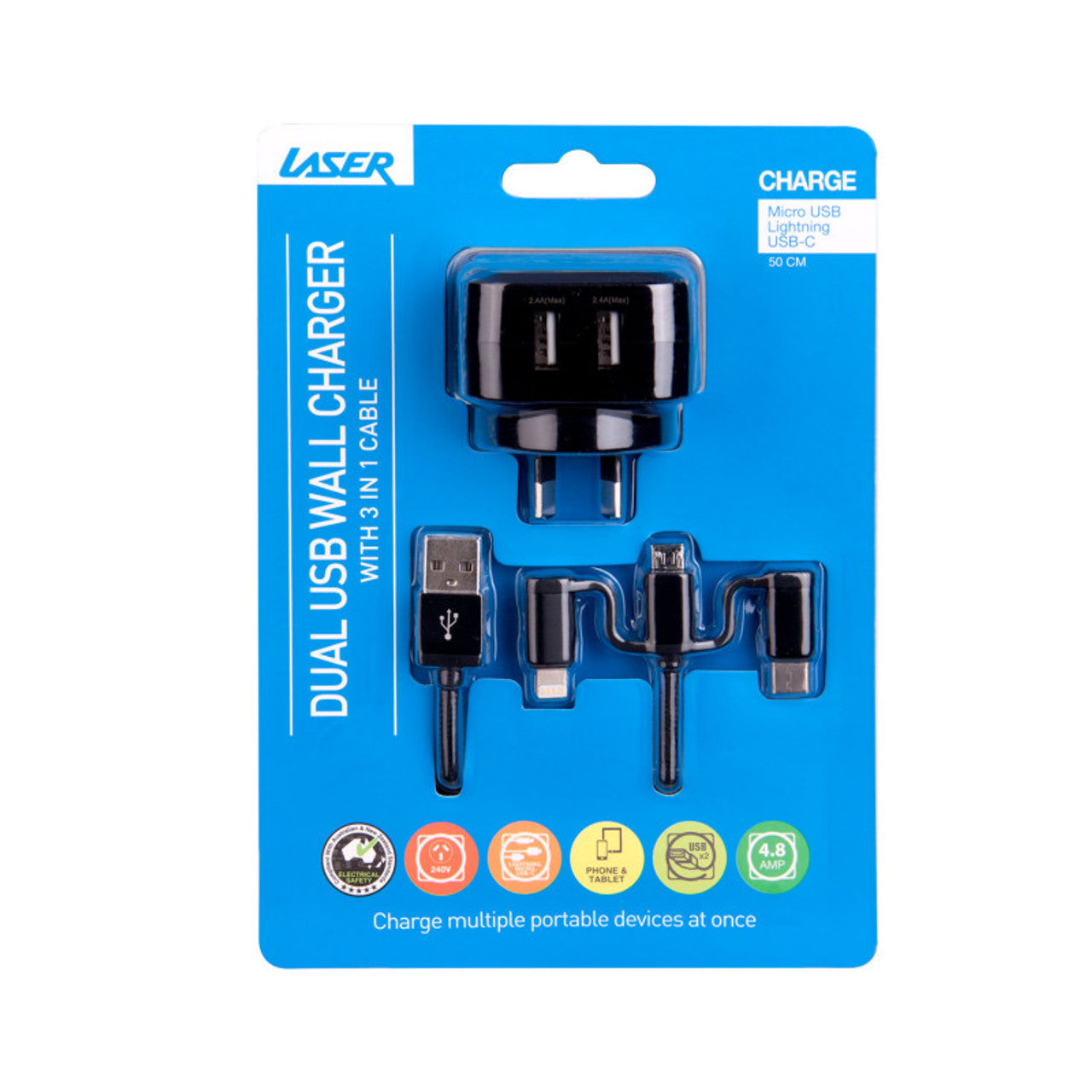 Laser Fast Charging Dual USB Wall Charger with 3 in 1 Cable - Black