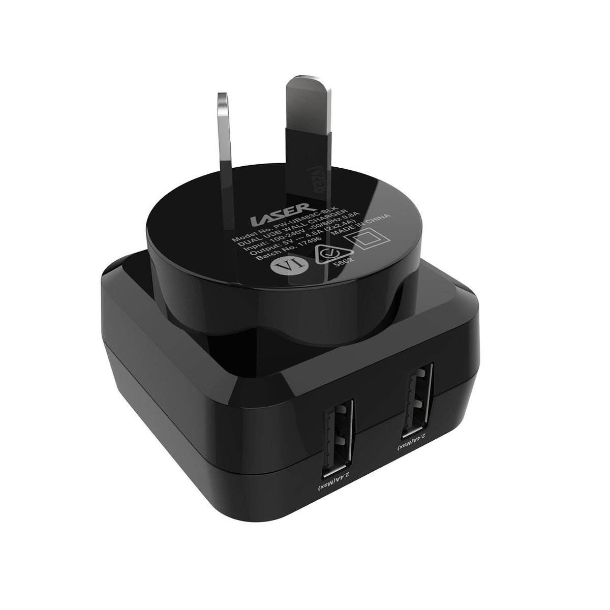 Laser Fast Charging Dual USB Wall Charger with 3 in 1 Cable - Black