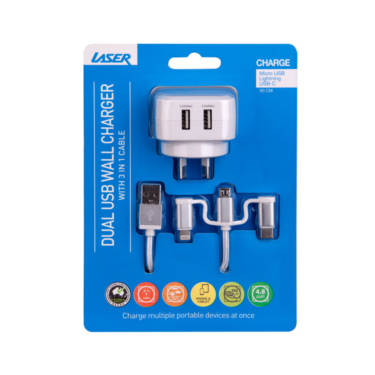 Laser Dual USB AC Charger 2.4A with 3-in-1 Cable White