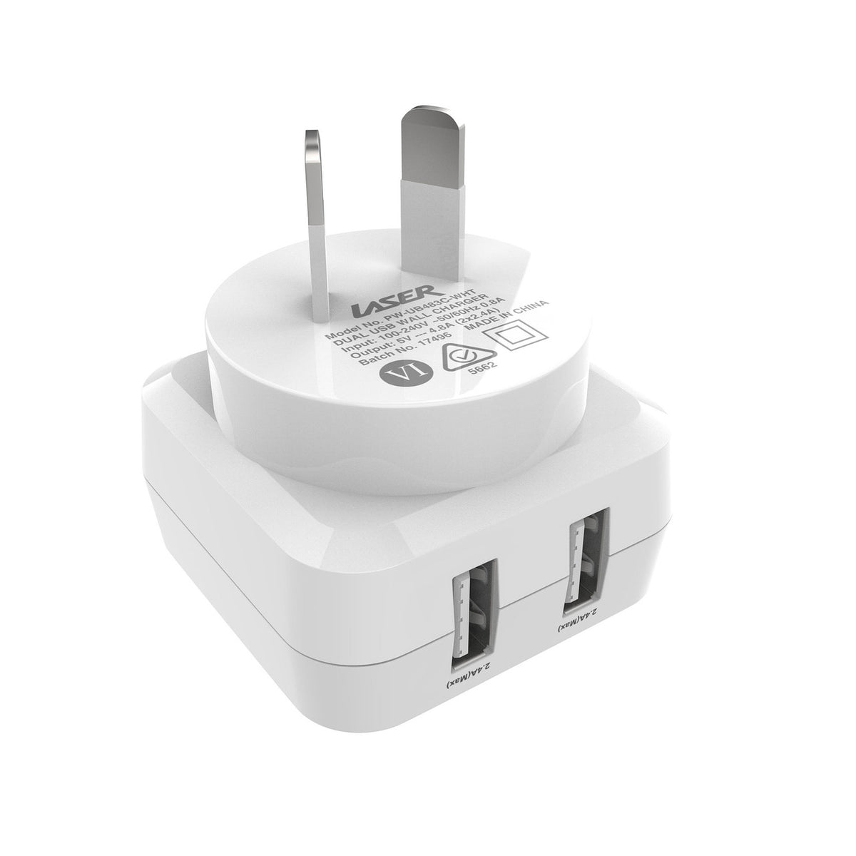 Laser Dual USB AC Charger 2.4A with 3-in-1 Cable White