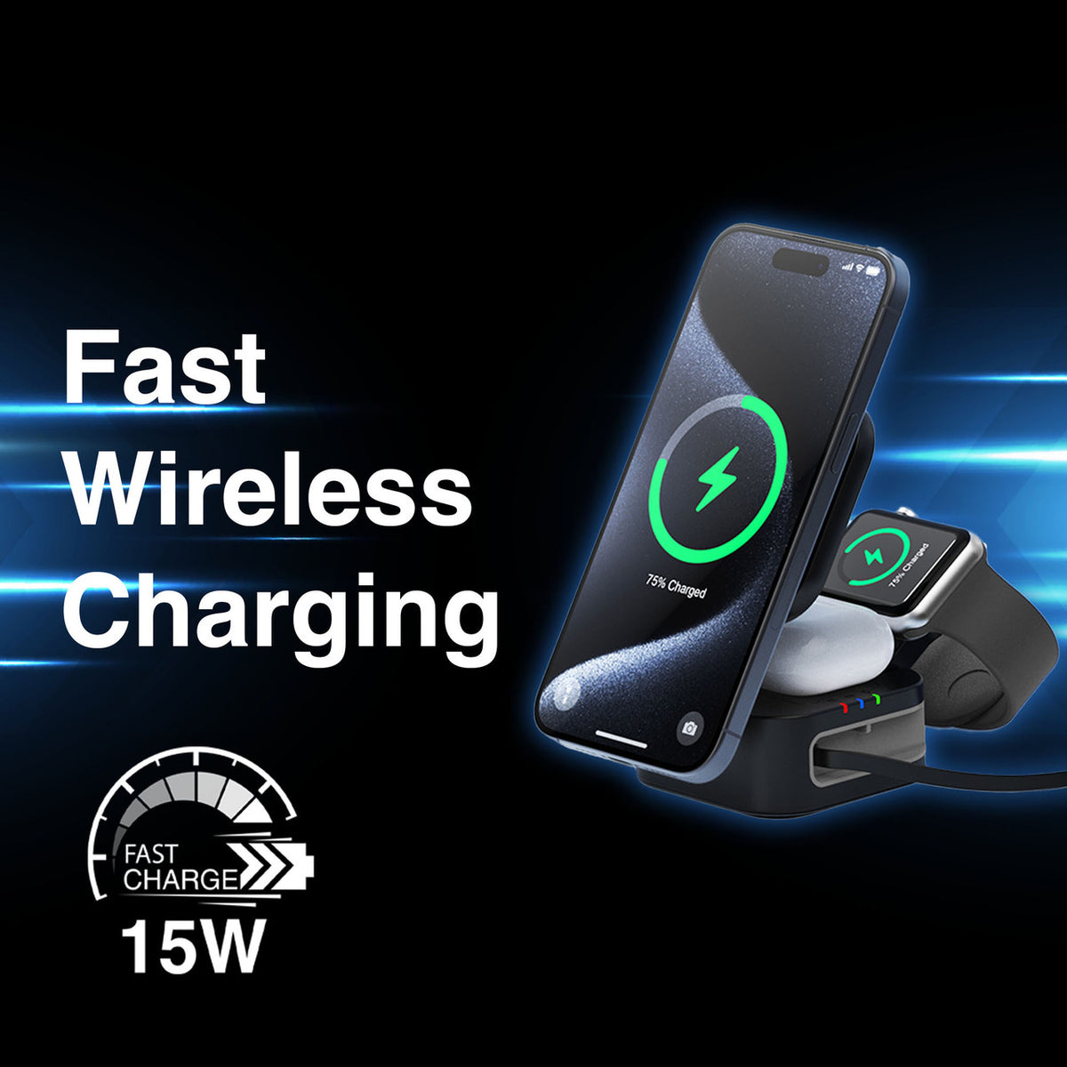 Laser 3 in 1 Foldable Wireless Charging Stand Black