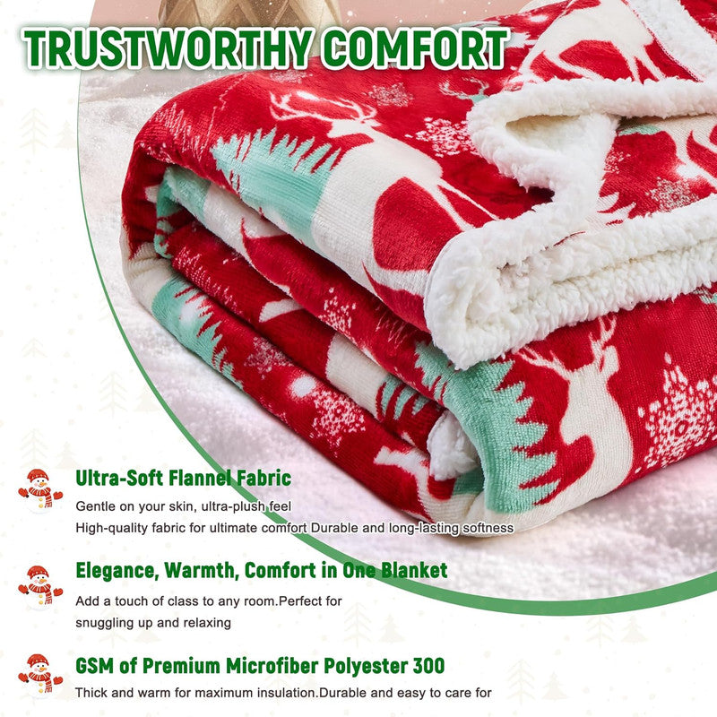 Christmas Throw Blanket, Christmas Decorations Gifts for Women, Sherpa Flannel Fleece Winter Holiday Blanket, Fluffy Cozy Soft Christams Throws for Couch Sofa Bed, DoubleDeer, 50" X 60"