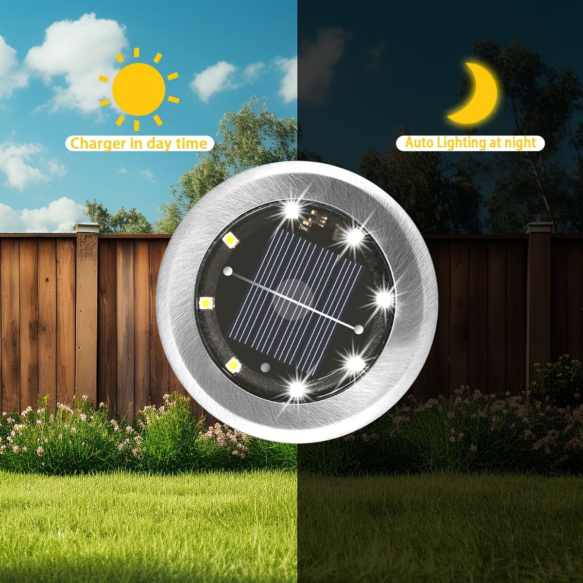 Solar Ground Spotlights 8 LED Rotating Disc Lights Stainless Steel Outdoor - Silver - Size White light
