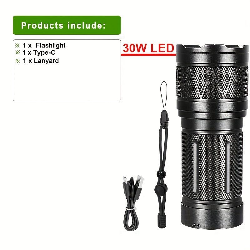 outdoor flashlight, 4800 lumen flashlight, zoomable flashlight, type-c rechargeable flashlight, long range flashlight, camping light, hiking light, Australian outdoor gear - Black - Size 30W