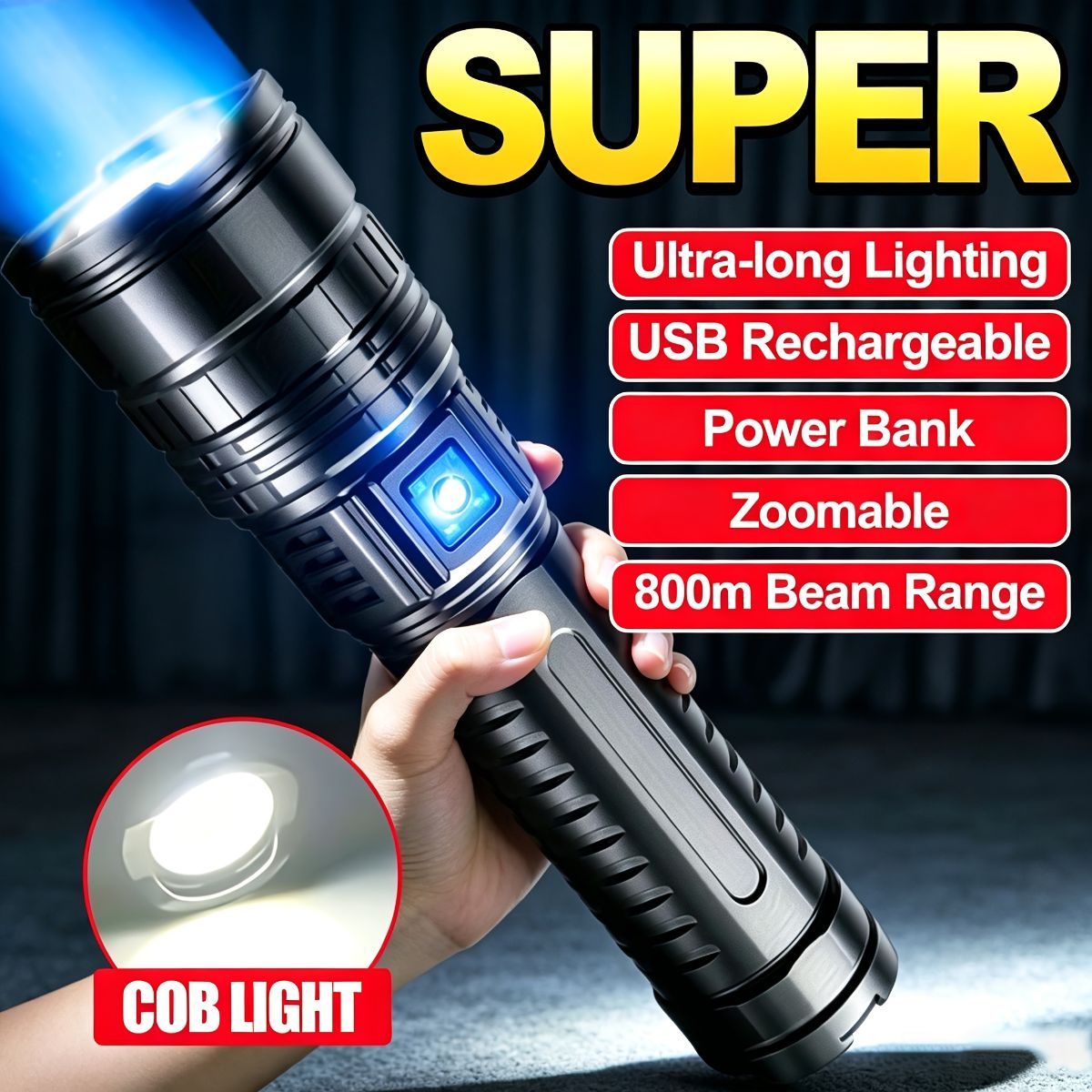 rechargeable LED flashlight, 6000mAh flashlight, 5 mode flashlight, COB tail light, camping flashlight Australia, outdoor emergency light, fishing light, Type-C flashlight, long-range LED torch - Black - Size 6000mAh