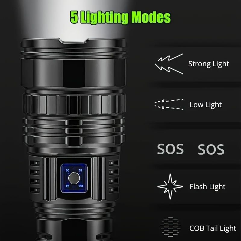 rechargeable LED flashlight, 6000mAh flashlight, 5 mode flashlight, COB tail light, camping flashlight Australia, outdoor emergency light, fishing light, Type-C flashlight, long-range LED torch - Black - Size 6000mAh