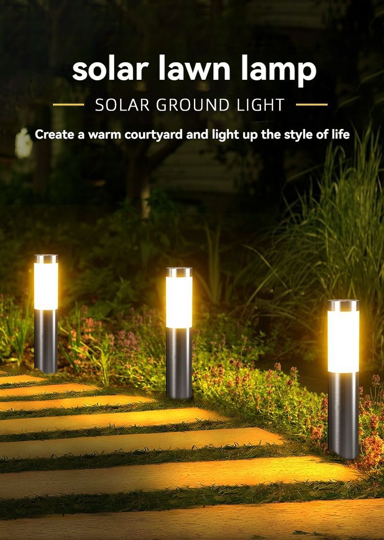 Solar Lawn Lights Stainless Steel Outdoor Lights 3-LED Garden Lights Waterproof - Silver - toned warm light - Size 1PCS