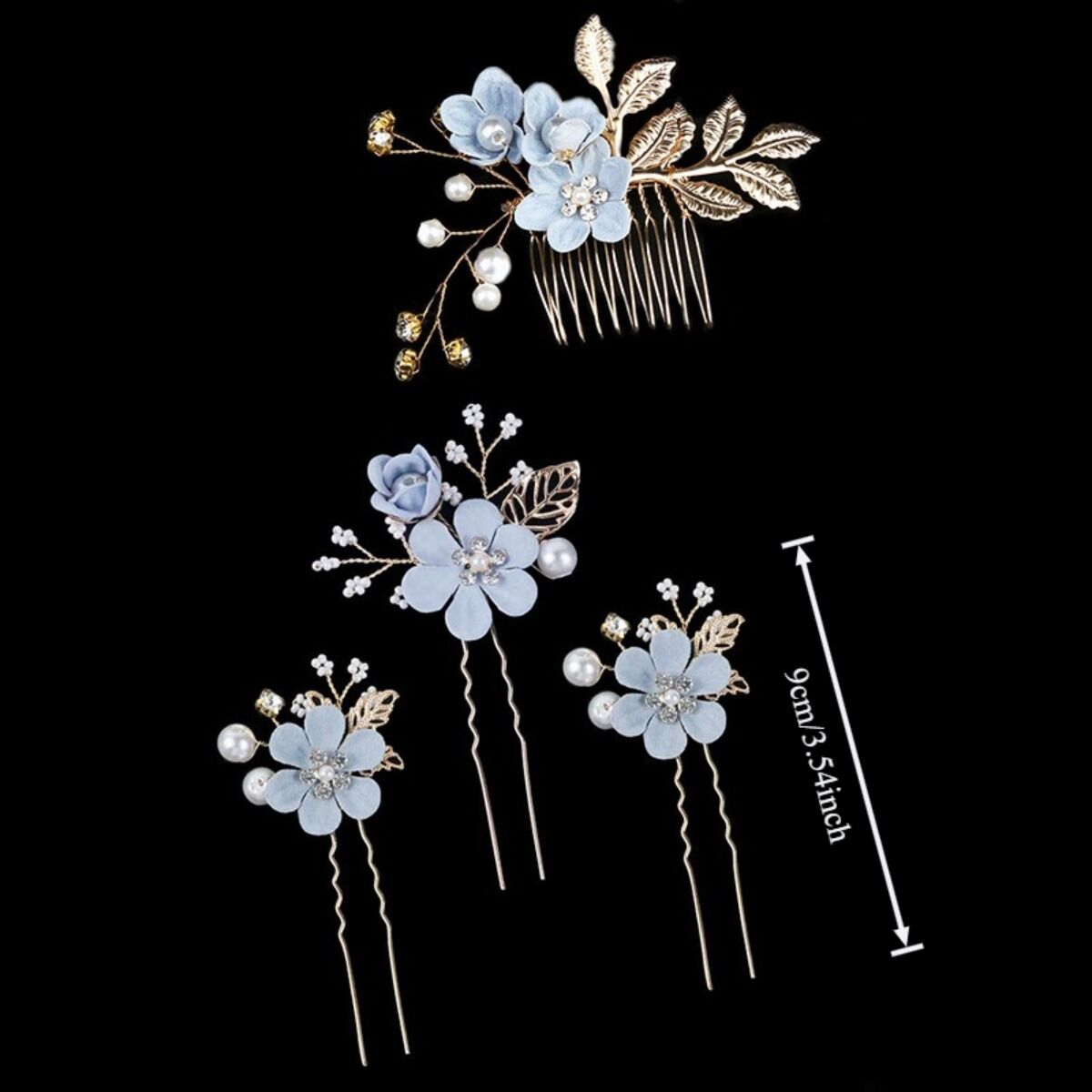 BLUE  4-Piece Elegant Light Luxury Pearl Flower Hair Accessories Set, Bridal Wedding Hairpin and Hairpin Headdress Set, Bridesmaid Gift Banquet Ornament Set for Women's Hairpin