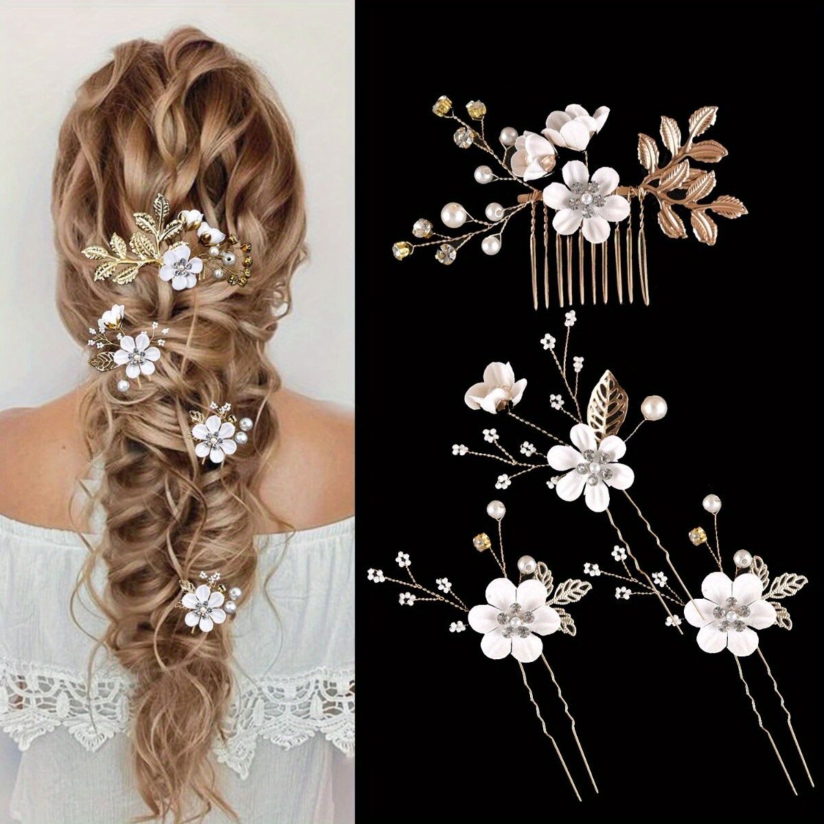 BLUE  4-Piece Elegant Light Luxury Pearl Flower Hair Accessories Set, Bridal Wedding Hairpin and Hairpin Headdress Set, Bridesmaid Gift Banquet Ornament Set for Women's Hairpin