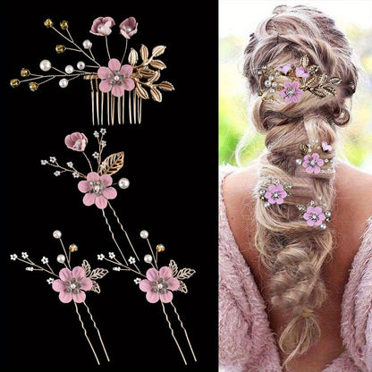 BLUE  4-Piece Elegant Light Luxury Pearl Flower Hair Accessories Set, Bridal Wedding Hairpin and Hairpin Headdress Set, Bridesmaid Gift Banquet Ornament Set for Women's Hairpin
