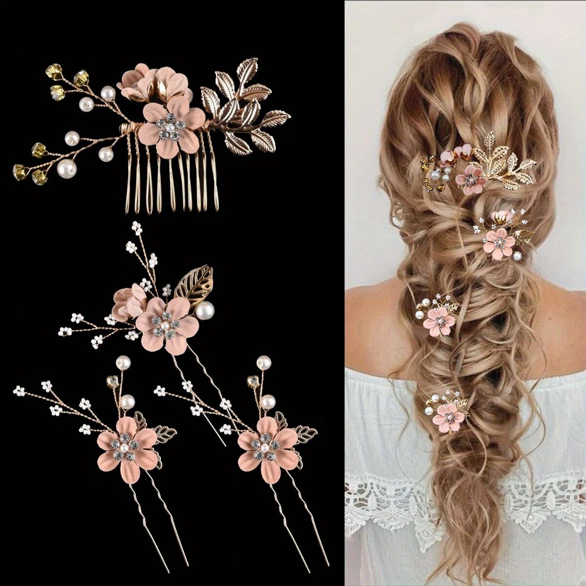 WHITE 4-Piece Elegant Light Luxury Pearl Flower Hair Accessories Set, Bridal Wedding Hairpin and Hairpin Headdress Set, Bridesmaid Gift Banquet Ornament Set for Women's Hairpin