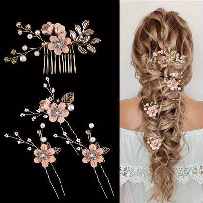 WHITE 4-Piece Elegant Light Luxury Pearl Flower Hair Accessories Set, Bridal Wedding Hairpin and Hairpin Headdress Set, Bridesmaid Gift Banquet Ornament Set for Women's Hairpin