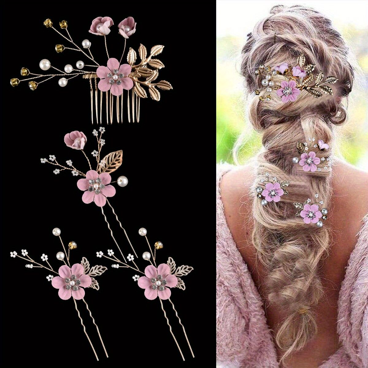 WHITE 4-Piece Elegant Light Luxury Pearl Flower Hair Accessories Set, Bridal Wedding Hairpin and Hairpin Headdress Set, Bridesmaid Gift Banquet Ornament Set for Women's Hairpin