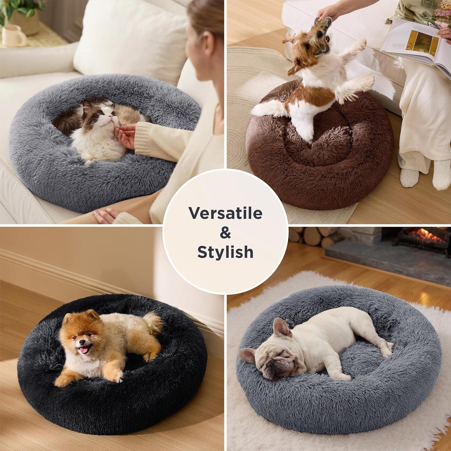 Calming Donut Cat Bed - Fluffy Plush Round Pet Bed, Suitable for Indoor Cats and Small Dogs, Washable, Anxiety-Relief Soft Comfortable Blanket, 23x23 Inch, Gray (Basic Edition)