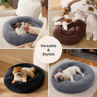 Calming Donut Cat Bed - Fluffy Plush Round Pet Bed, Suitable for Indoor Cats and Small Dogs, Washable, Anxiety-Free, Soft, Comfortable Hug, 27x27 inches, Brown (Basic Version)