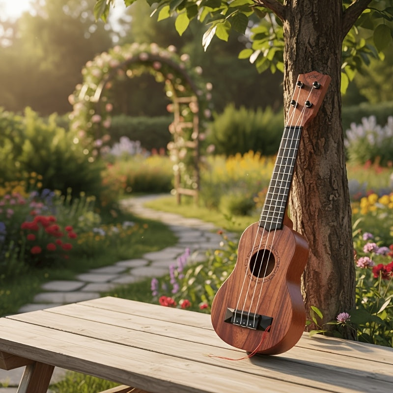 Wood color 17-inch Playable Ukulele Mini Guitar, lightweight and portable. Features comfortable nylon strings, includes a pick, and has open-style tuning pegs for precise tuning. Suitable for beginners and music enthusiasts, a popular gift choice for holi