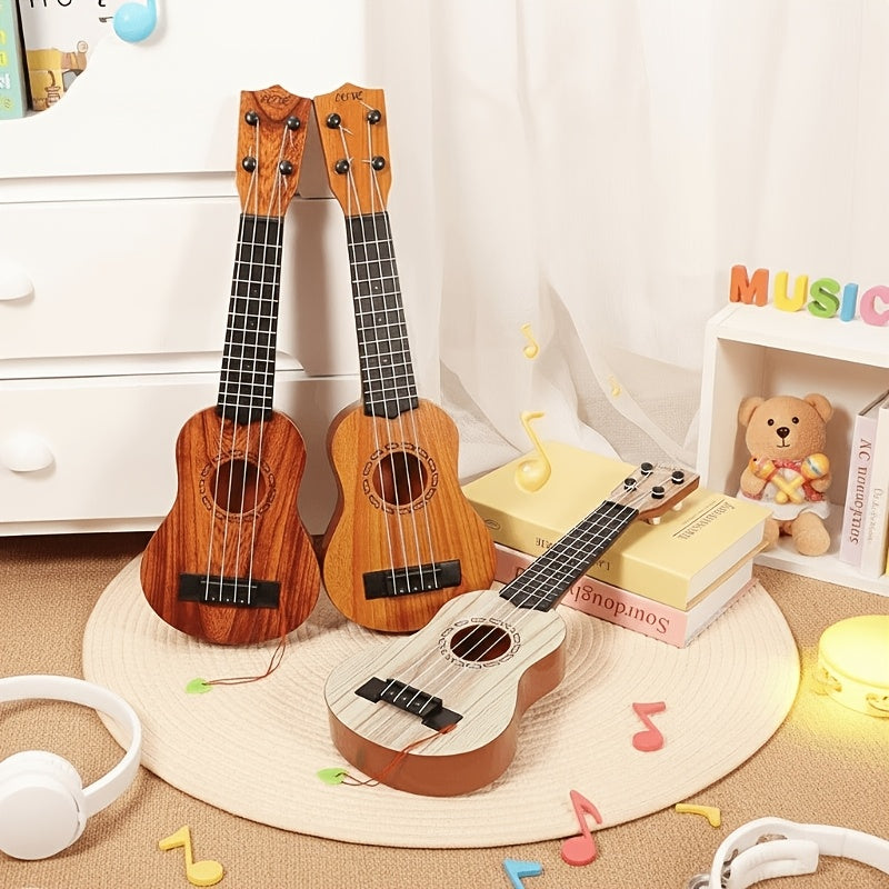 Wood color 17-inch Playable Ukulele Mini Guitar, lightweight and portable. Features comfortable nylon strings, includes a pick, and has open-style tuning pegs for precise tuning. Suitable for beginners and music enthusiasts, a popular gift choice for holi