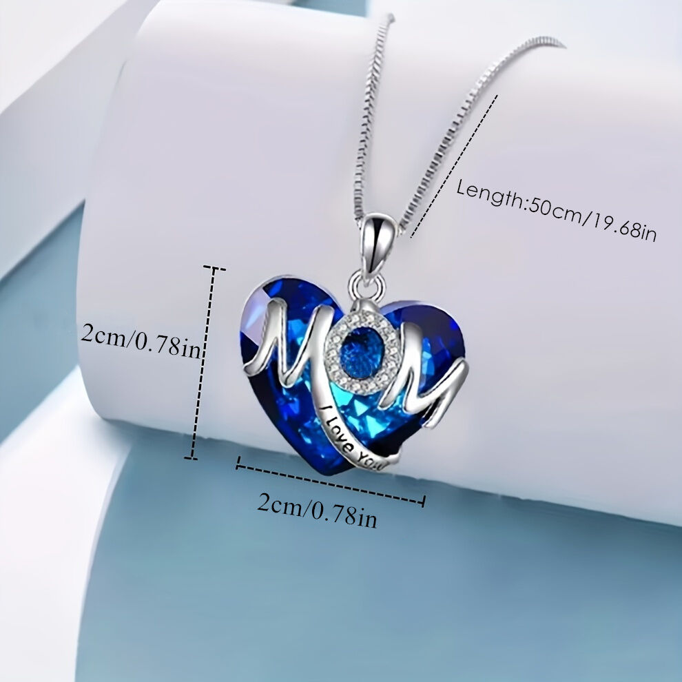 BLUE Exquisite Heart-shaped Blue Crystal "MOM" Pendant Necklace - Fashionable Women's Mother Necklace, Warm Family Love Jewelry, Romantic Mother's Day Gift
