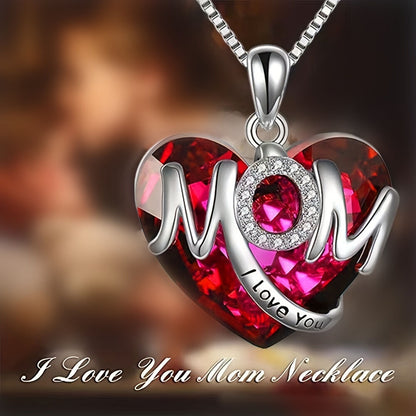 RED Exquisite Heart-shaped Blue Crystal "MOM" Pendant Necklace - Fashionable Women's Mother Necklace, Warm Family Love Jewelry, Romantic Mother's Day Gift