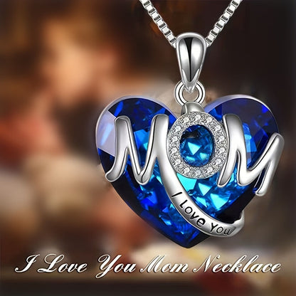 RED Exquisite Heart-shaped Blue Crystal "MOM" Pendant Necklace - Fashionable Women's Mother Necklace, Warm Family Love Jewelry, Romantic Mother's Day Gift