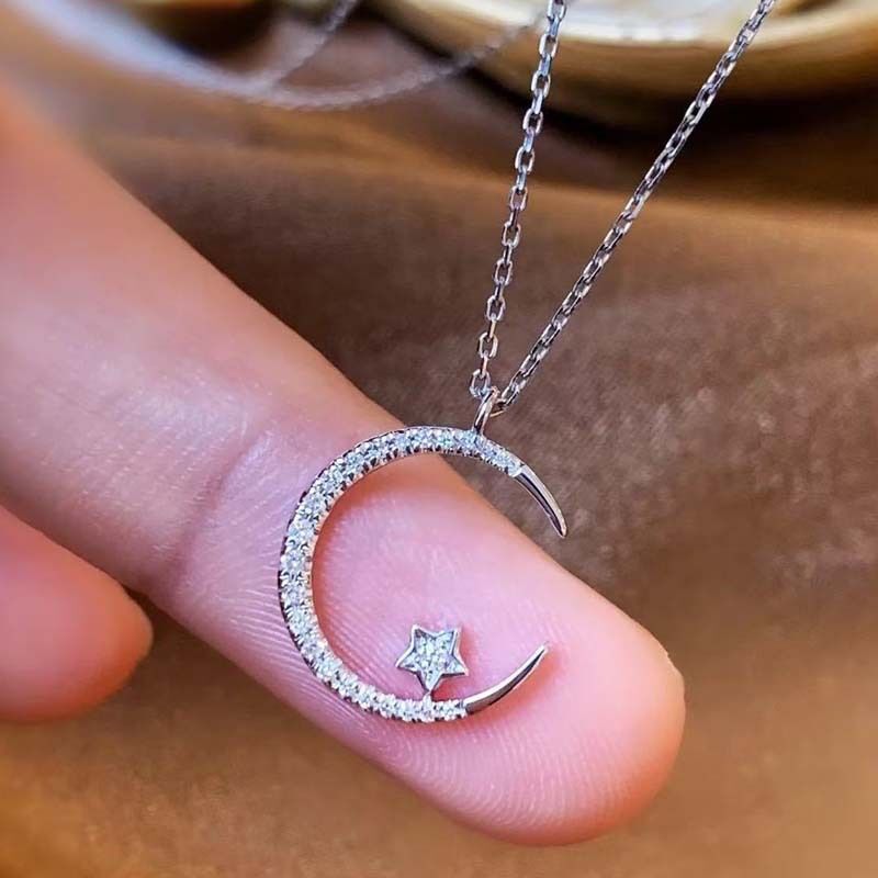 silver"Crescent and Stars" Crystal Necklace: Weaving the Galaxy into a Chain, Crafting a Flowing Dazzling Starry Sky Around Your Neck