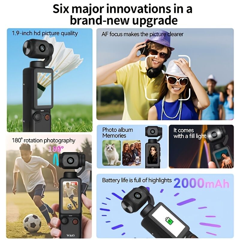 WHITE**4K HD 180° Rotating Anti-Shake Action Camera｜1.9-Inch Screen + 2000mAh Battery, Compact & Portable Vlogging & Travel Companion — Streamlined Design, Durable, Ideal for Content Creators & Holiday Gifting**