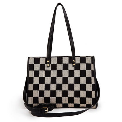 Stylish Black Khaki Checkerboard Tote Bag Large Capacity Women’s Shoulder Handbag for Work & Daily Use