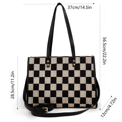 Stylish Black Khaki Checkerboard Tote Bag Large Capacity Women’s Shoulder Handbag for Work & Daily Use