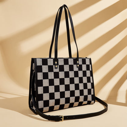 Stylish Black Khaki Checkerboard Tote Bag Large Capacity Women’s Shoulder Handbag for Work & Daily Use