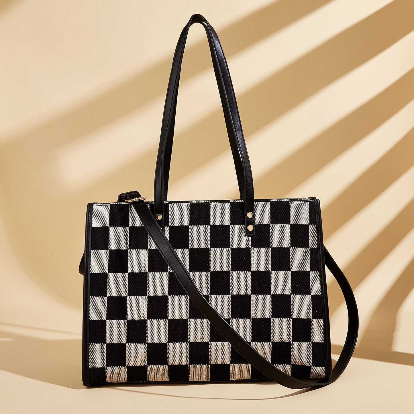 Stylish Black Khaki Checkerboard Tote Bag Large Capacity Women’s Shoulder Handbag for Work & Daily Use