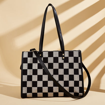 Stylish Black Khaki Checkerboard Tote Bag Large Capacity Women’s Shoulder Handbag for Work & Daily Use