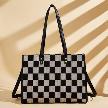 Stylish Black Khaki Checkerboard Tote Bag Large Capacity Women’s Shoulder Handbag for Work & Daily Use