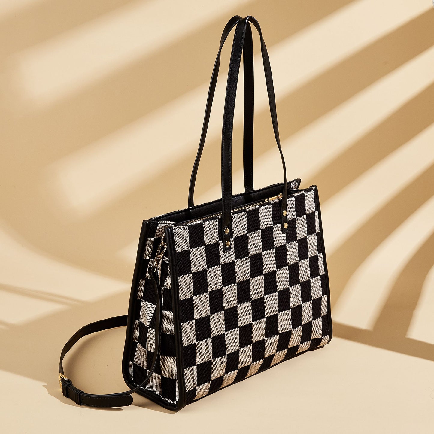 Stylish Black Khaki Checkerboard Tote Bag Large Capacity Women’s Shoulder Handbag for Work & Daily Use