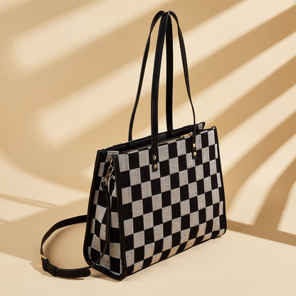 Stylish Black Khaki Checkerboard Tote Bag Large Capacity Women’s Shoulder Handbag for Work & Daily Use