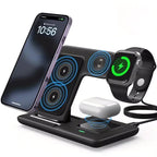 Multi-device 3-in-1 Foldable Wireless Charging Station | iWatch Series 9 8 7 6 SE 5 4 3 2, Ultra Airpods Pro 3 2, iPhone 17/16/15/14/13/12/11 Rapid Charging Stand - Magnetic Connector, USB Power Supply