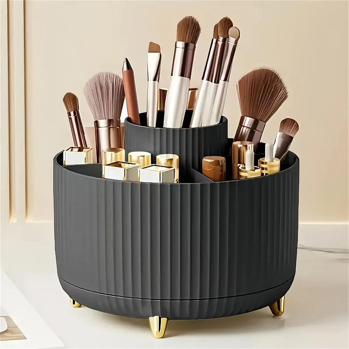 360-degree rotational makeup product storage box - 1 plastic cosmetic storage box with 5 compartments - multi-functional storage rack for brushes, lipsticks, skincare products and stationery - durable and odorless desktop storage box with luxurious stripe
