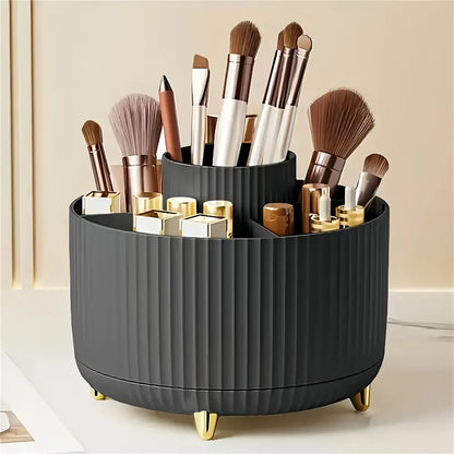 360-degree rotational makeup product storage box - 1 plastic cosmetic storage box with 5 compartments - multi-functional storage rack for brushes, lipsticks, skincare products and stationery - durable and odorless desktop storage box with luxurious stripe