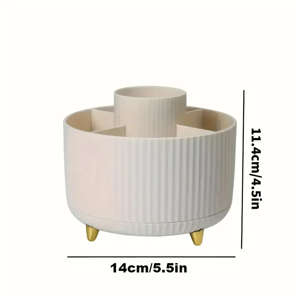 360-degree rotational makeup product storage box - 1 plastic cosmetic storage box with 5 compartments - multi-functional storage rack for brushes, lipsticks, skincare products and stationery - durable and odorless desktop storage box with luxurious stripe