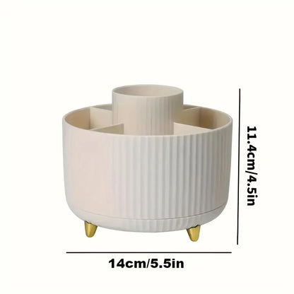 360-degree rotational makeup product storage box - 1 plastic cosmetic storage box with 5 compartments - multi-functional storage rack for brushes, lipsticks, skincare products and stationery - durable and odorless desktop storage box with luxurious stripe