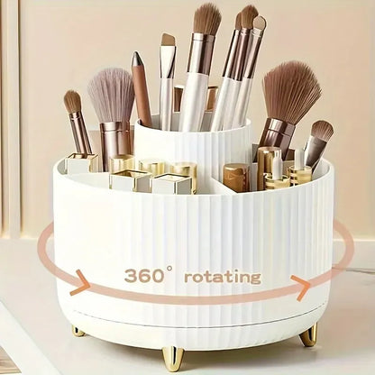 360-degree rotational makeup product storage box - 1 plastic cosmetic storage box with 5 compartments - multi-functional storage rack for brushes, lipsticks, skincare products and stationery - durable and odorless desktop storage box with luxurious stripe
